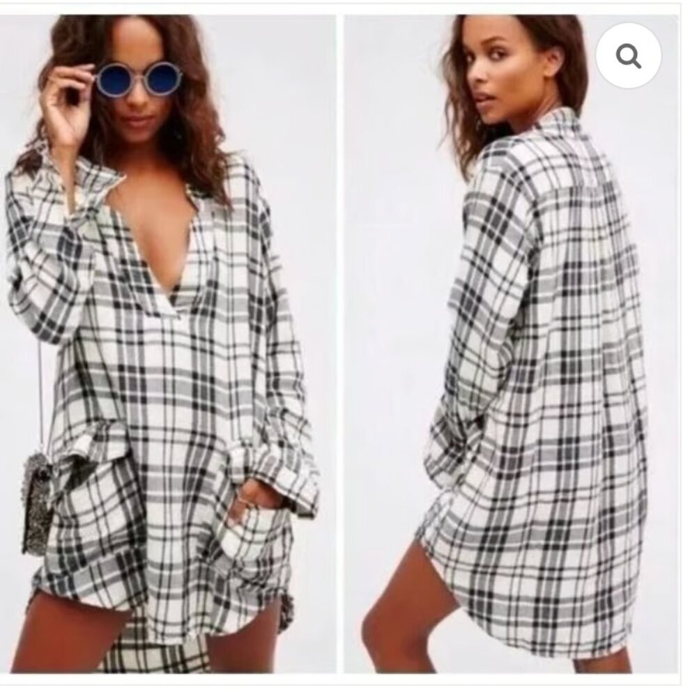 Free People x CP Shades Checkmate Plaid Shirt Dress Black Ivory Long Sleeve XS